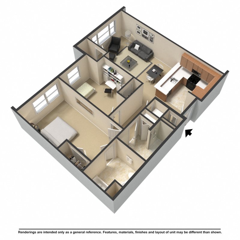 Two bedroom, two bathroom rendering